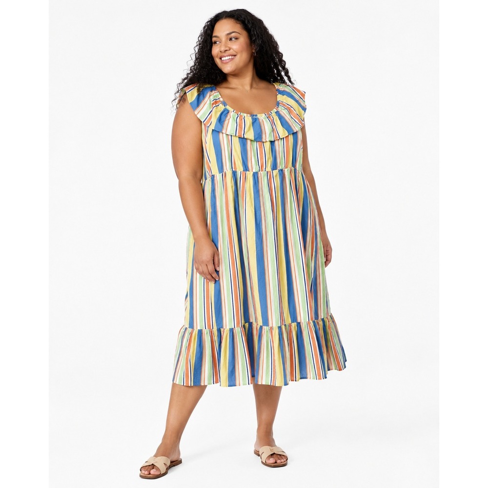 Draper James RSVP Striped Ruffle Midi Dress 3X Cotton Resort Coastal‎ Preppy